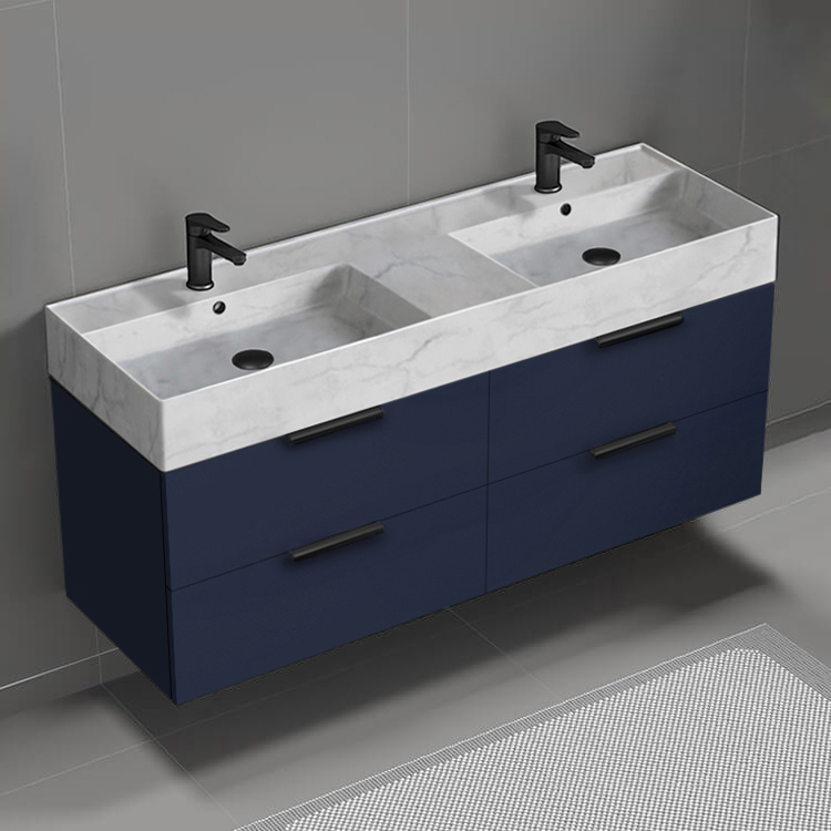 Nameeks DERIN467 56 Inch Bathroom Vanity With Marble Design Sink, Double Sink, Wall Mounted, Modern, Night Blue